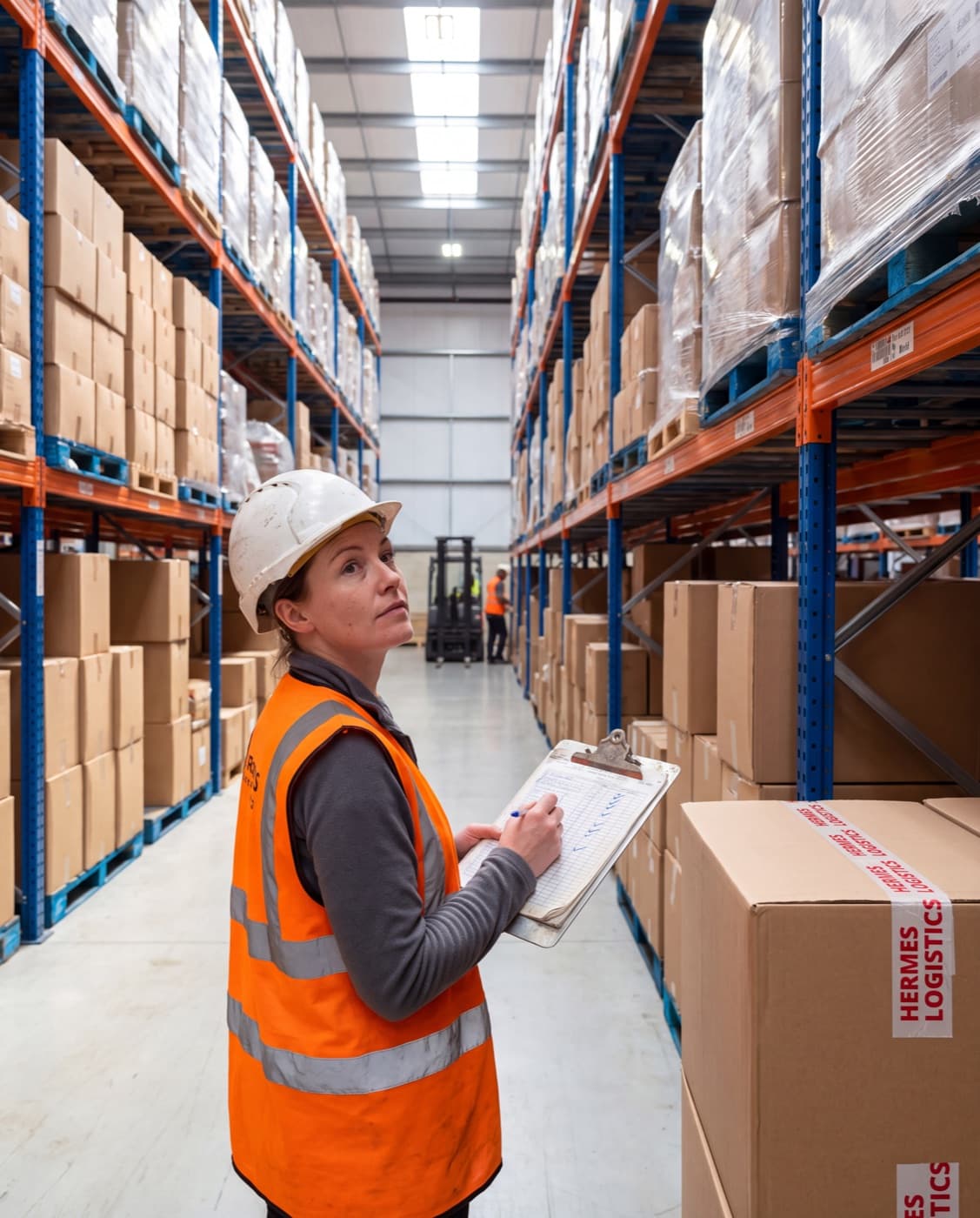 Inspector with a clipboard walking a warehouse aisle lined with palletized cargo.