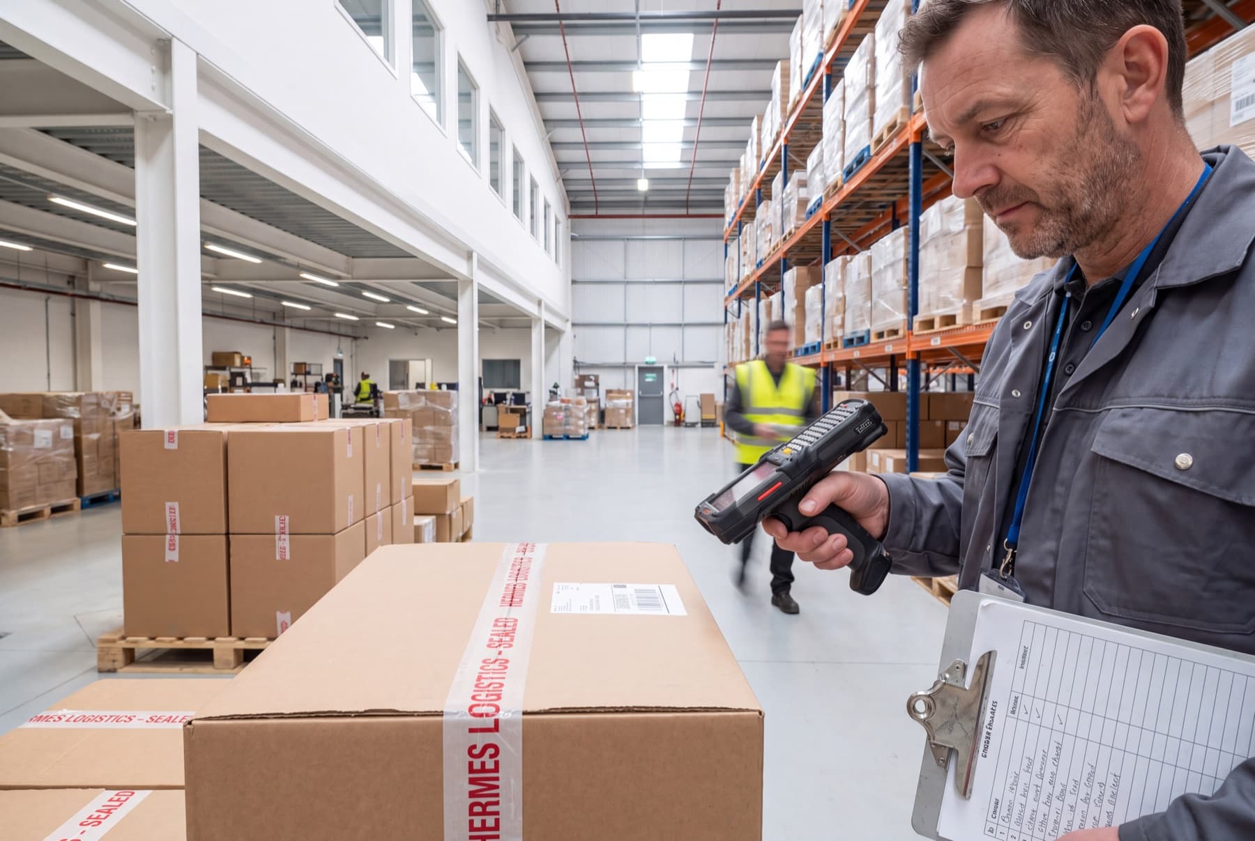 Inspector on a factory floor checking cartons against a specification sheet.