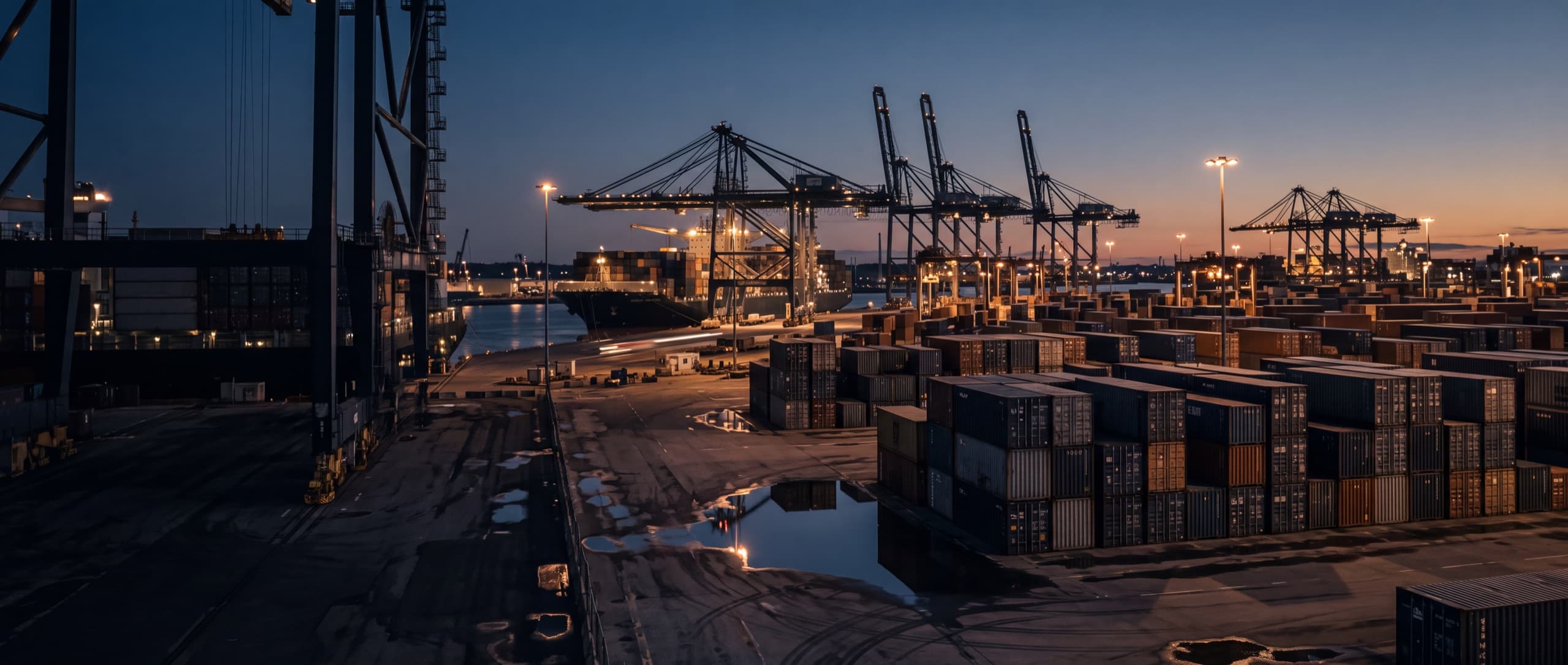 Container terminal at dusk with stacked shipping containers and gantry cranes.